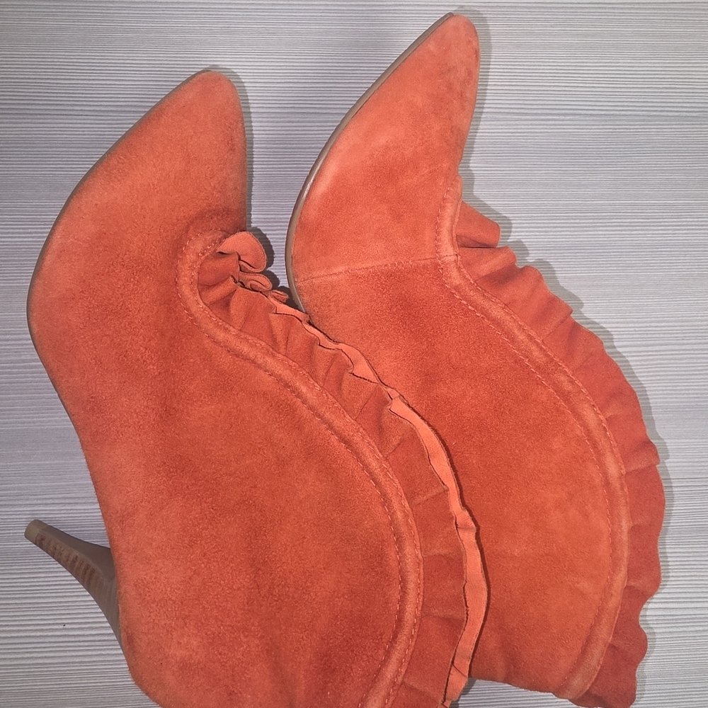 Lovely People Bold Orange Suede Leather Piper Ruffle Trim Booties Ankle Boots